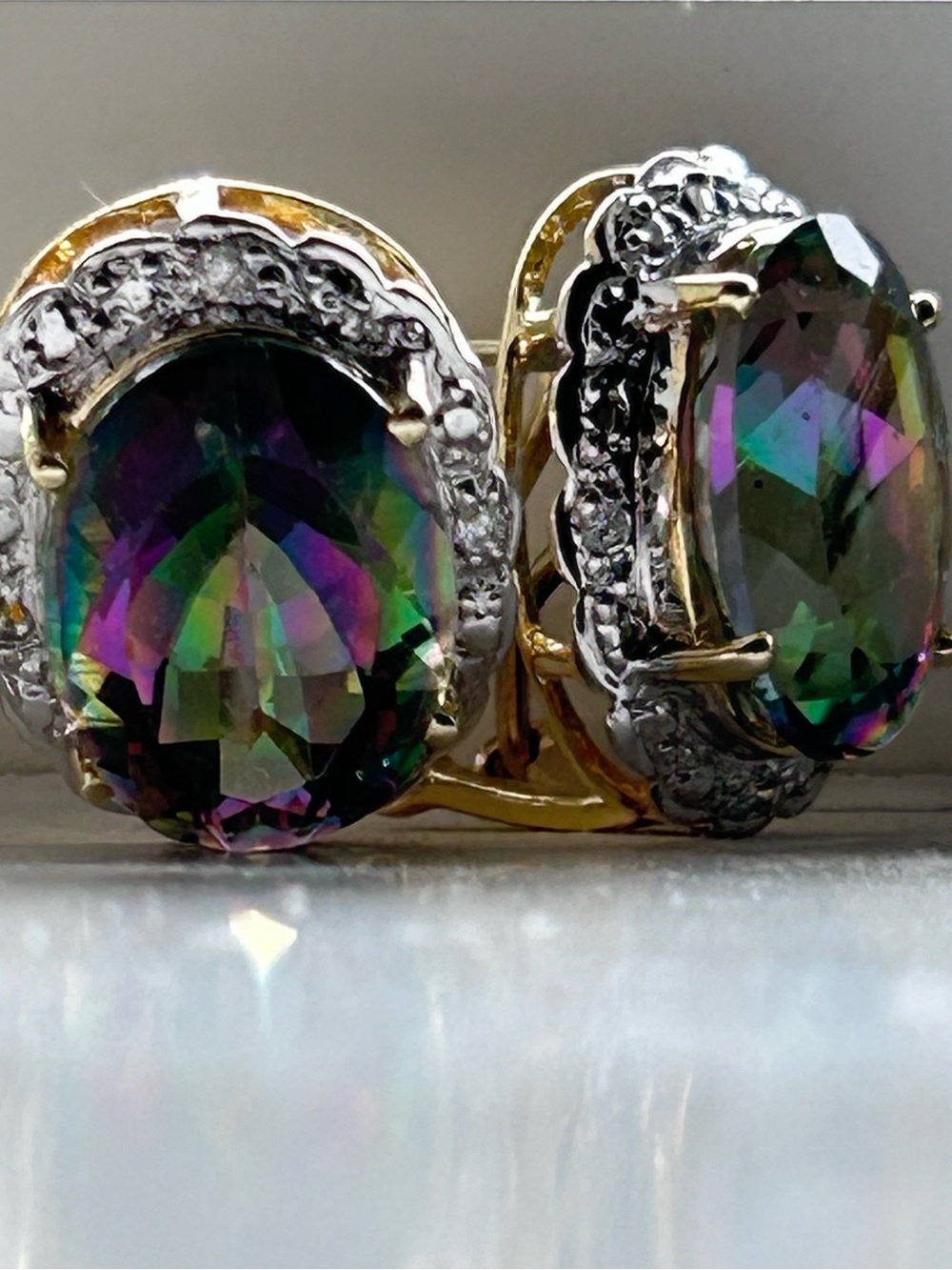 Stunning Vintage Estate JCR 14K Gold Mystic Topaz Halo Earrings with Omega Backs